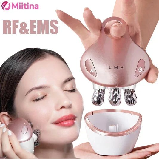 EMS 5-in-1 facial massager with 4D LED microcurrent roller and heat/cold therapy modes